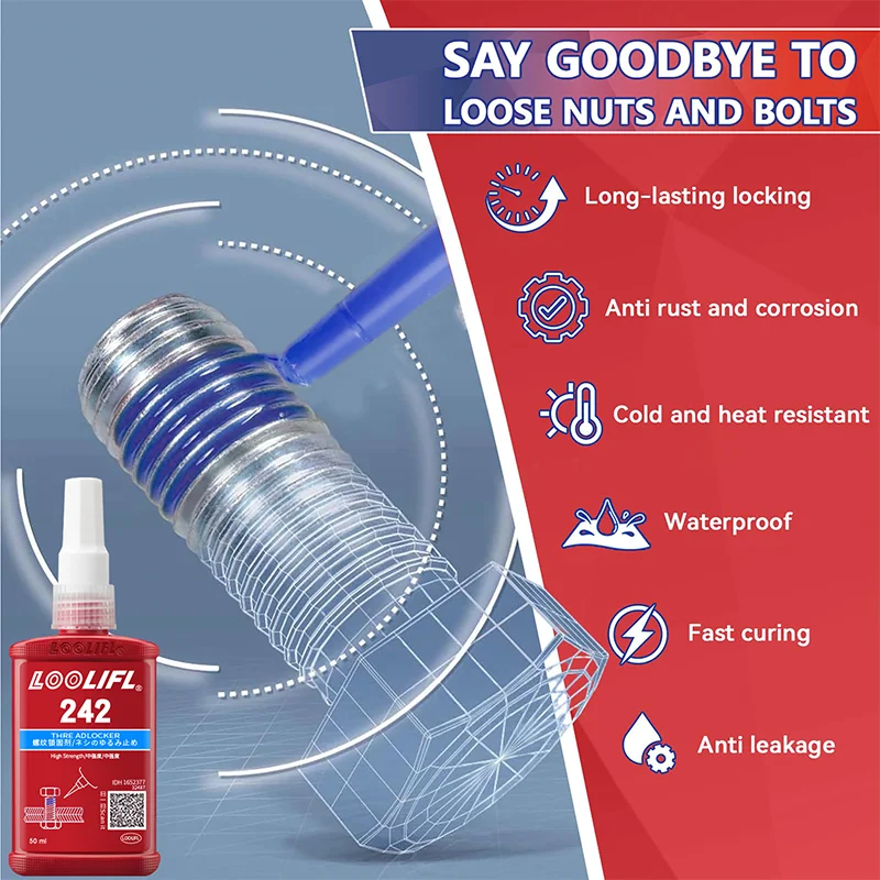 Thread Lock Blue Medium Strength, Blue Threadlocker Against Losening and Leakage, 242 Anaerobic Screw Adhesive Fastening Screws - Image 4
