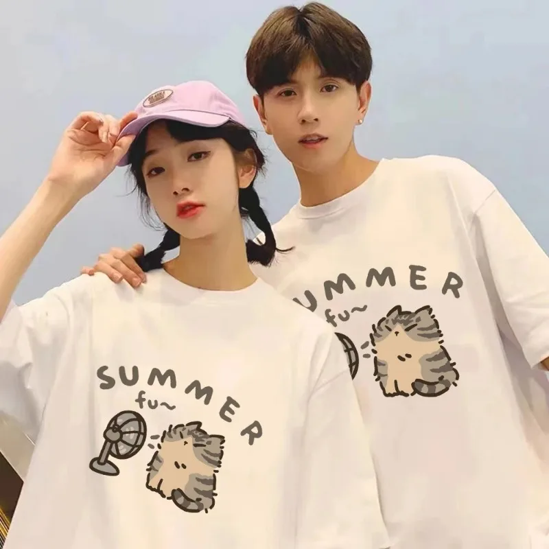 Summer Funny Fan and Cat T-shirt Women's Harajuku Casual Short Sleeve T-Shirt Unisex Kawaii Graphic T-Shirt Modal Y2k Top