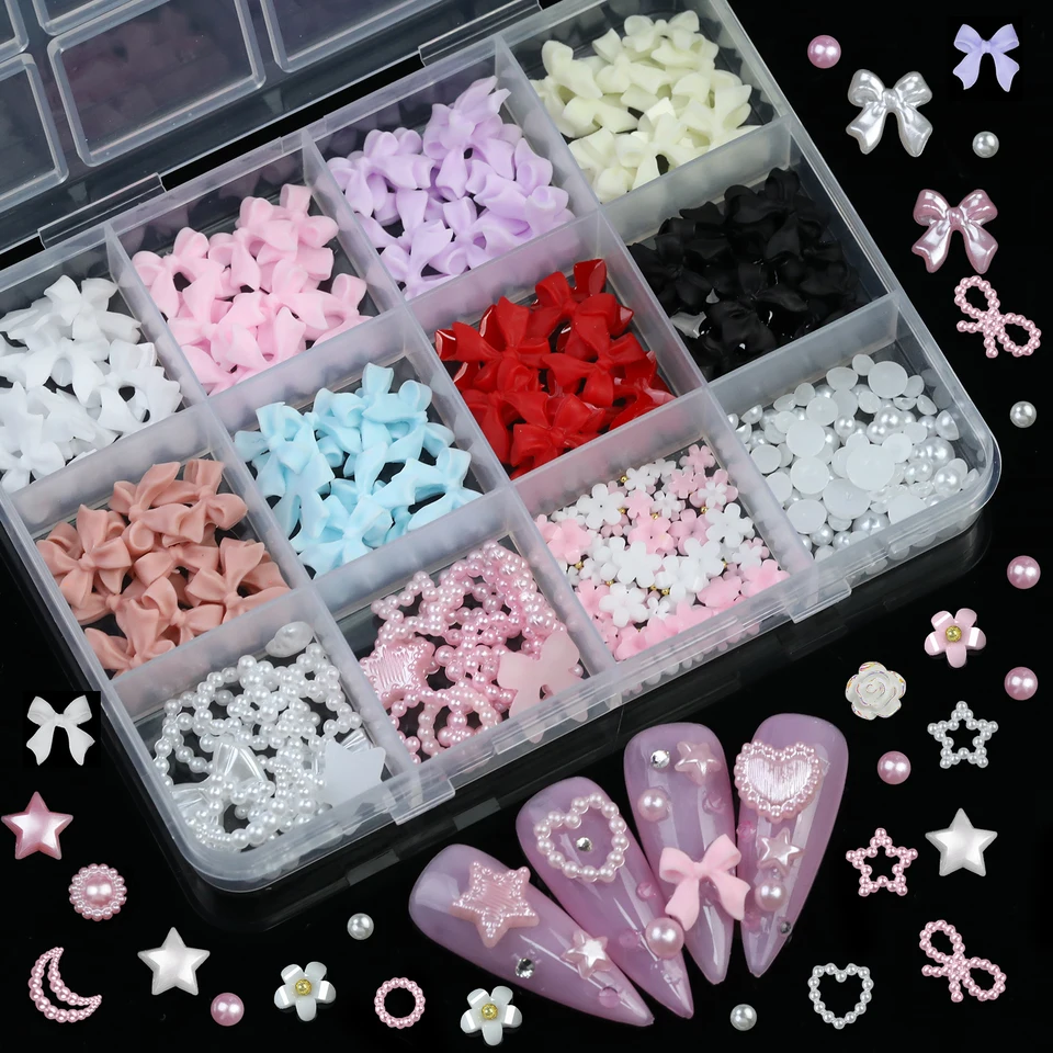 12 Espacios Mixtos Resina 3D Color, Perlas, Corazones, Diamantes Planos para Decoración de Uñas, Adecuado para Uñas Acrílicas DIY 5