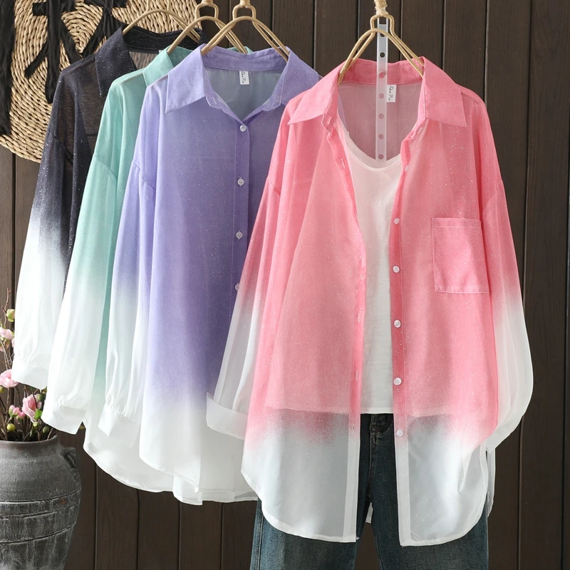 Loose Long Sleeve Casual Shirt New plus Size Women's Fashion Single Button Gradient Color Top Polyester Fiber Regular Thickness