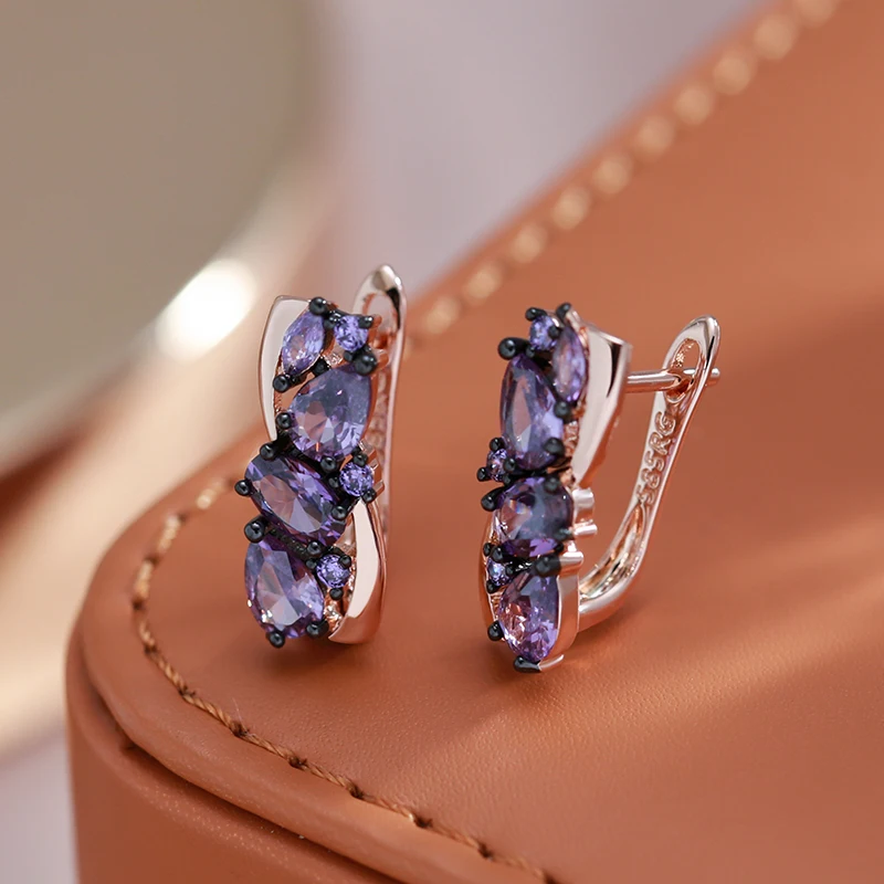 Kinel Luxury Purple Natural Zircon English Earrings For Women 585 Rose Gold and Black Plating Vintage Wedding Daily Wear Jewelry