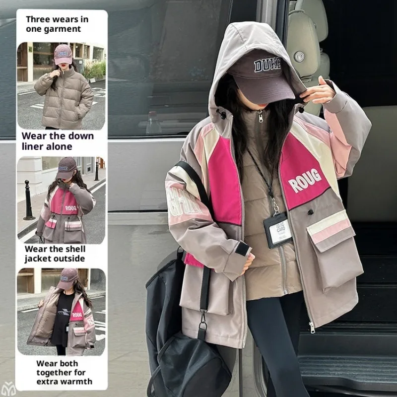 Girls' 3-in-1 Down Jacket Children's 2025 Autumn/Winter Girls' Quilted Outdoor Wear 120-170cm