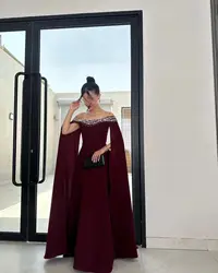 Off the Shoulder Long Side Draped Prom Dress With Crystal Saudi Aribia Woman Satin Evening Dress Formal Occasion Wedding Gowns