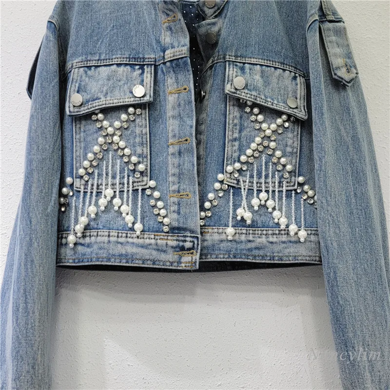 European Style Pearl Studded Diamond Tassel Denim Jacket for Women 2024 New Autumn Design with Hollowed Out Back Denim Top Coat