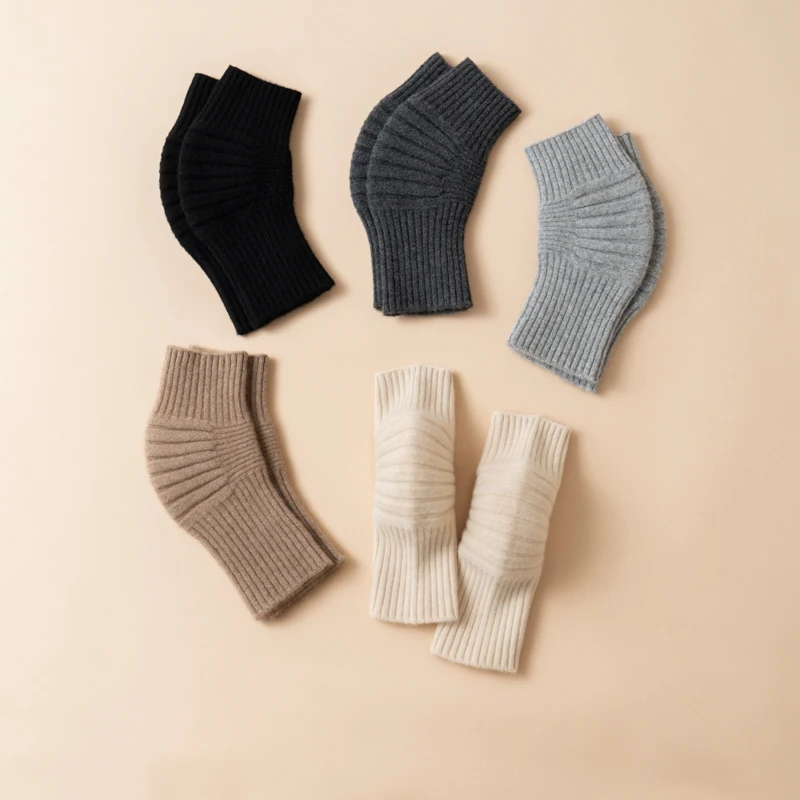 Joelheiras femininas de malha de caxemira pura 100% para calor e conforto, novas joelheiras curtas de inverno para mulheres, cor sólida