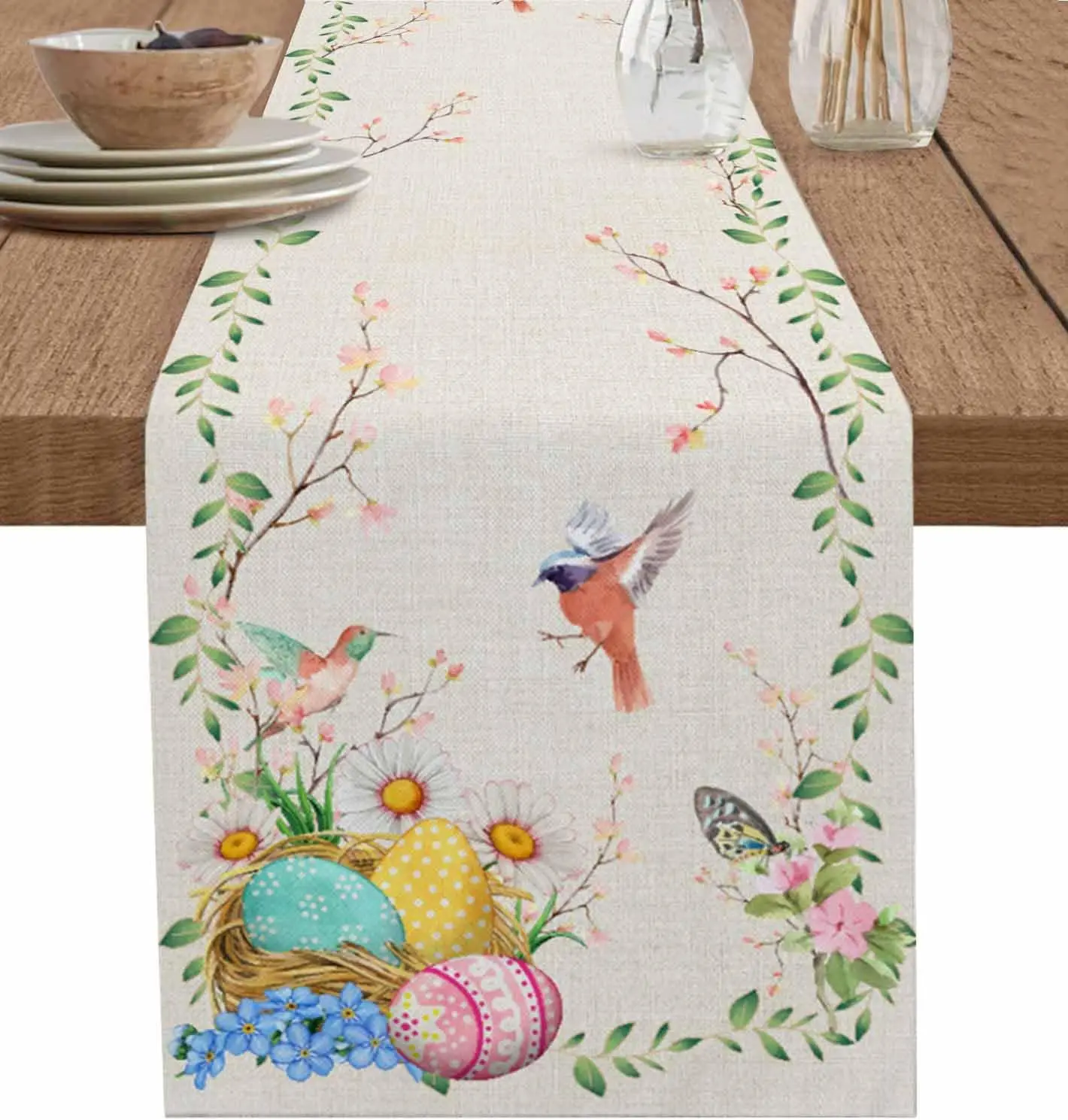 Easter Colorful Eggs Birds Flowers Linen Table Runner Dresser Scarves Decor Spring Kitchen Dining Table Runner Easter Decoration