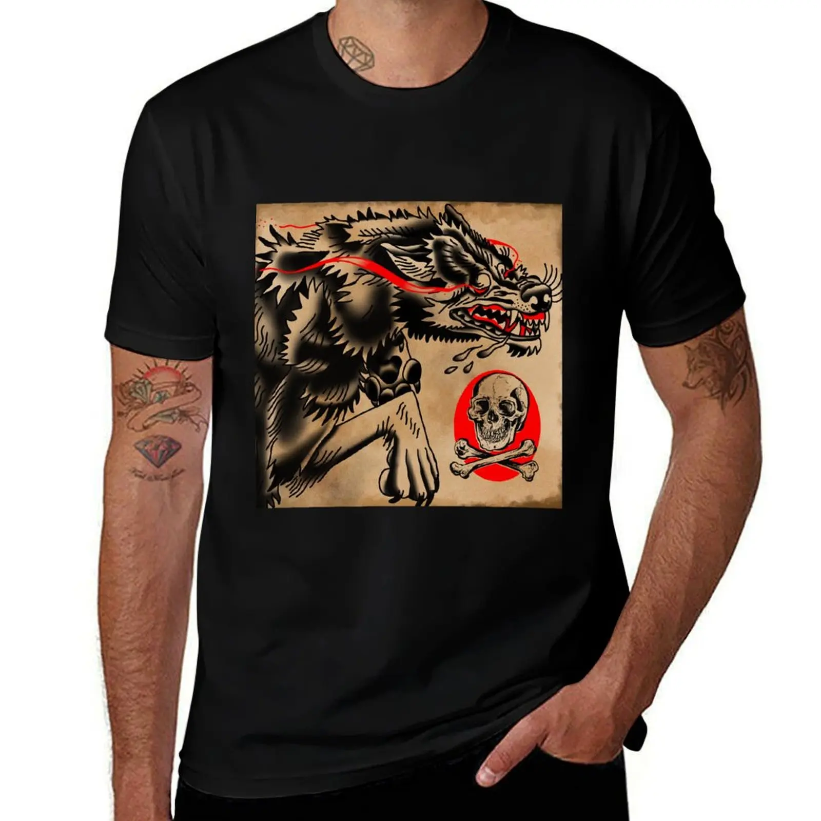 

American Traditional Wolf vs Ink Skull T-Shirt anime stuff baggy shirts anime clothes cute tops men graphic t shirts