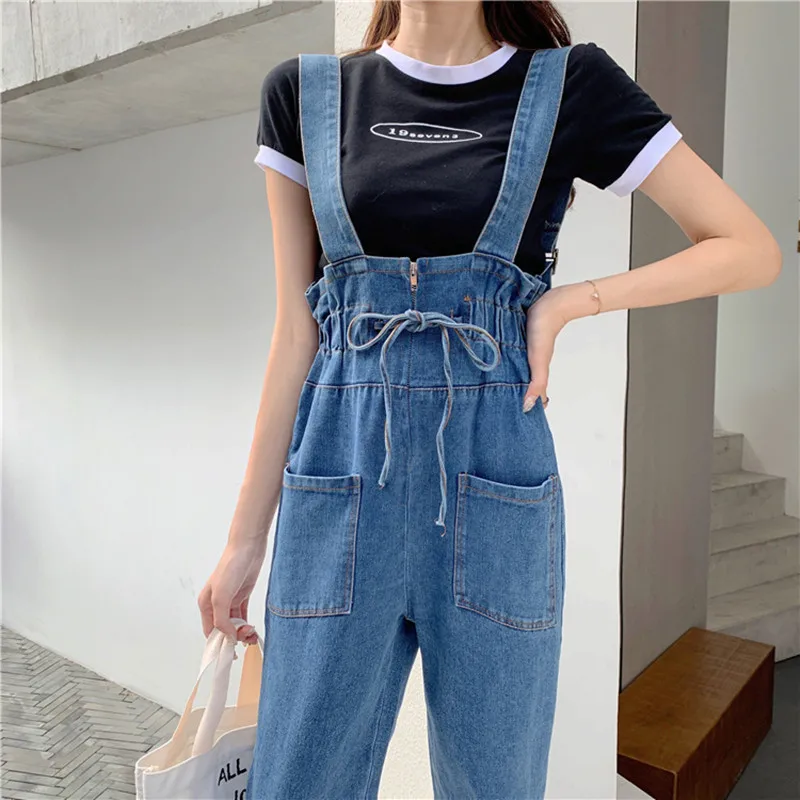 Blue Jumpsuits Women Suspenders Jeans Shorts Pocket Loose Sleeveless Rompers With Elastic Lady 2023 Summer Overalls Shorts