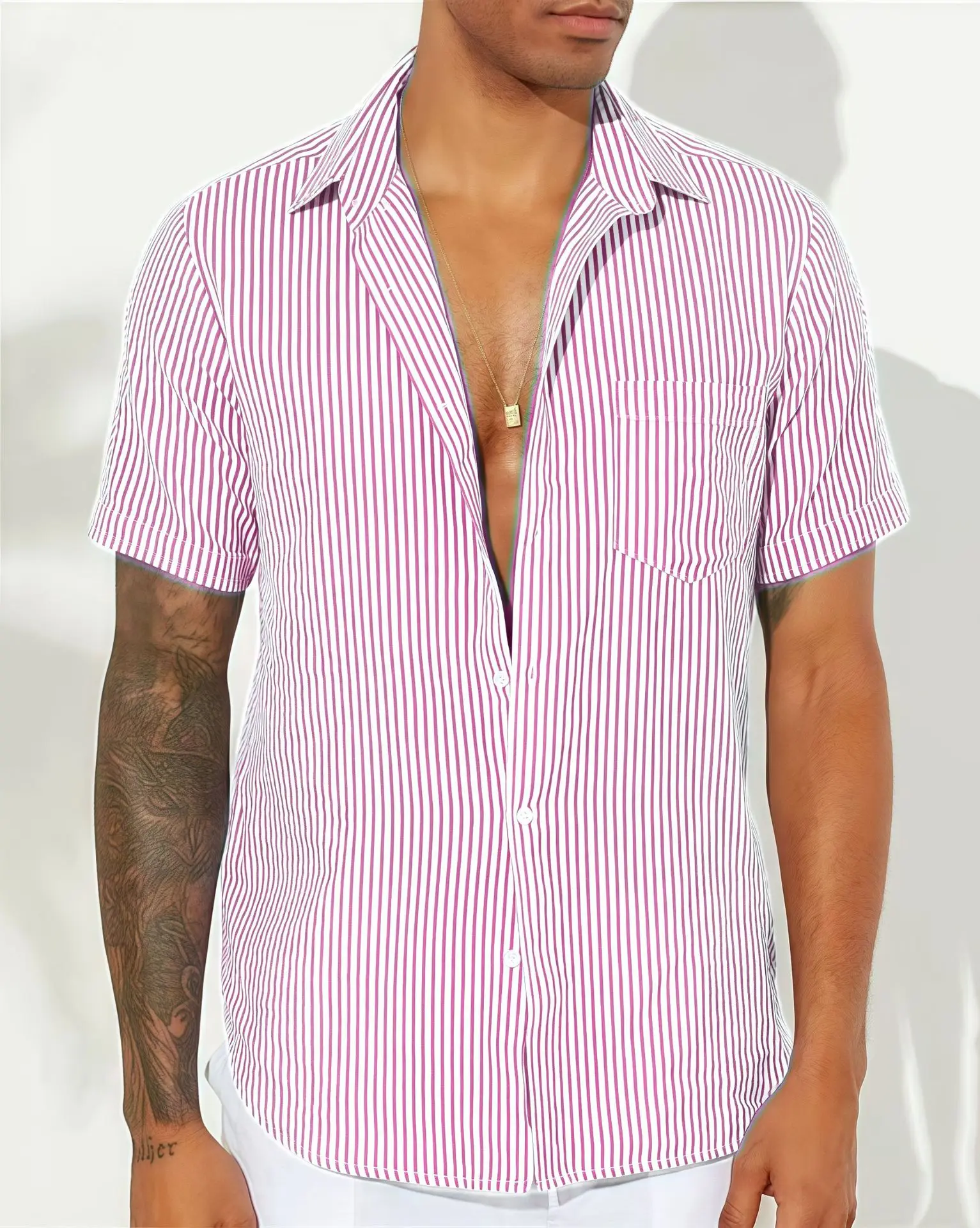 Fashion Men's Shirt Casual Striped Cardigan Lapel Button Spring Summer Comfortable Light Short-Sleeved Tops