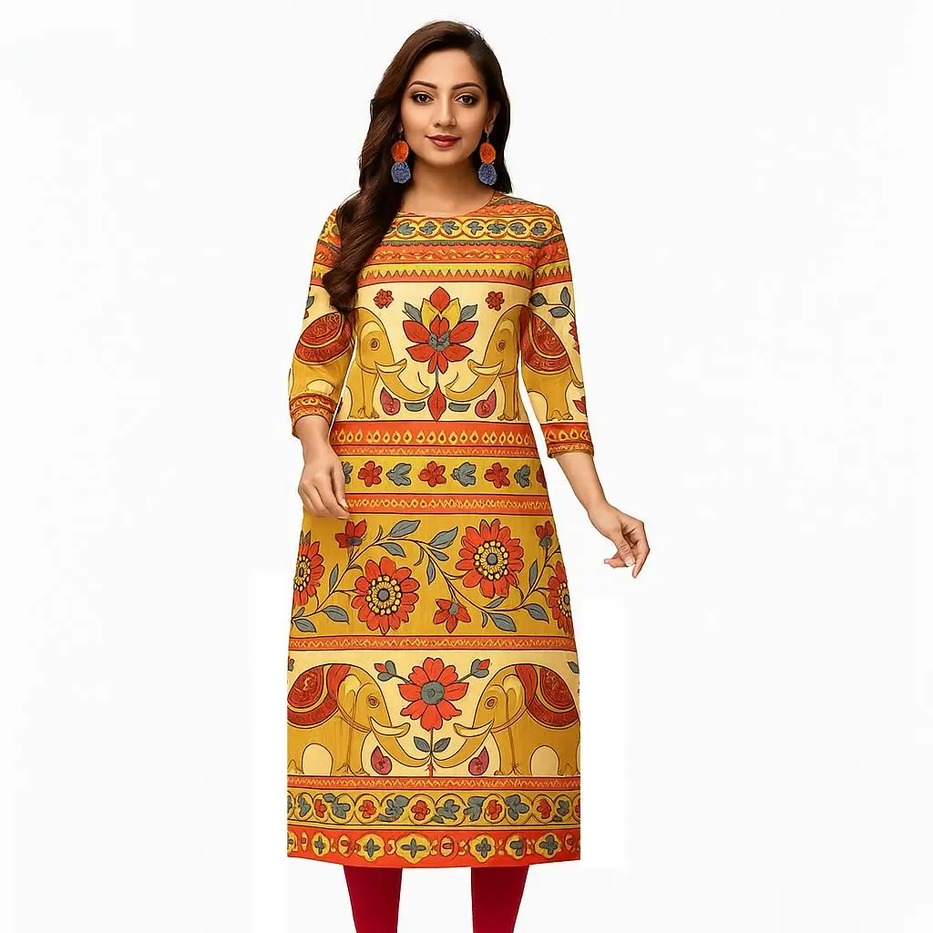 Kurt Women's fashionable and comfortable Kurt dress long sleeved straight tube casual ethnic round neck regular size new item