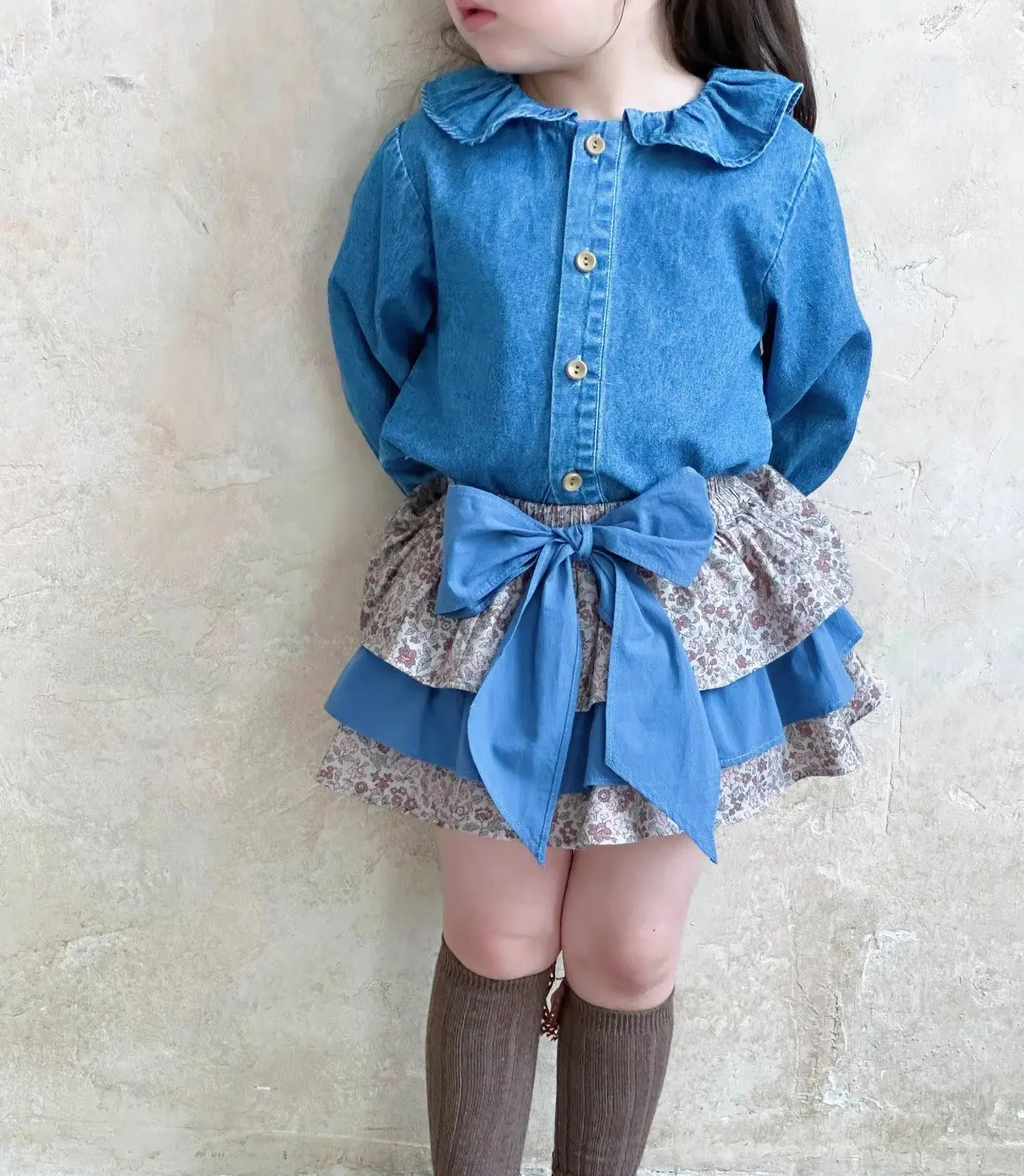 

Children's Clothing Girls' Suit Denim Fungus Edge Shirt Plus Color Matching Floral Culottes 25 Spring and Autumn Clothing New