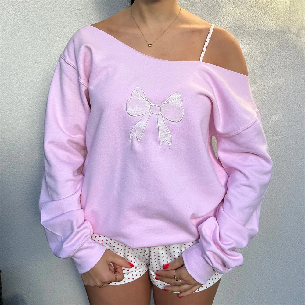 Women Coquette y2k Clothes Off Shoulder Sweatshirts Bow Print Loose Long Sleeve Pullovers Crewneck Kawaii Tops Streetwear