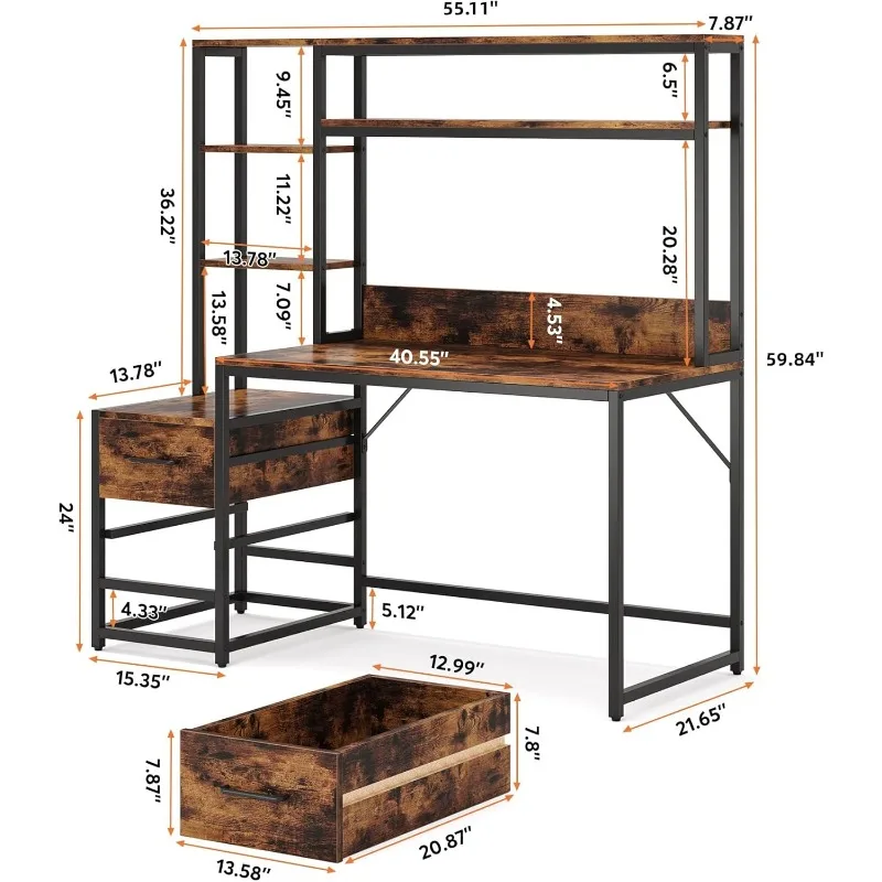 55-inch Computer Desk with 2 Drawers and Storage, Rustic Desk with Tray