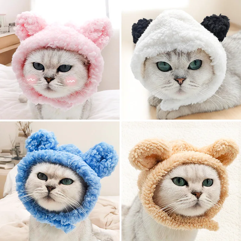 Funny Cat Cap Bear Plush Head Cover Cute Cat Dog Woven Warm Headdress Pet Hat Kitten Puppy Cosplay Costume Accessories