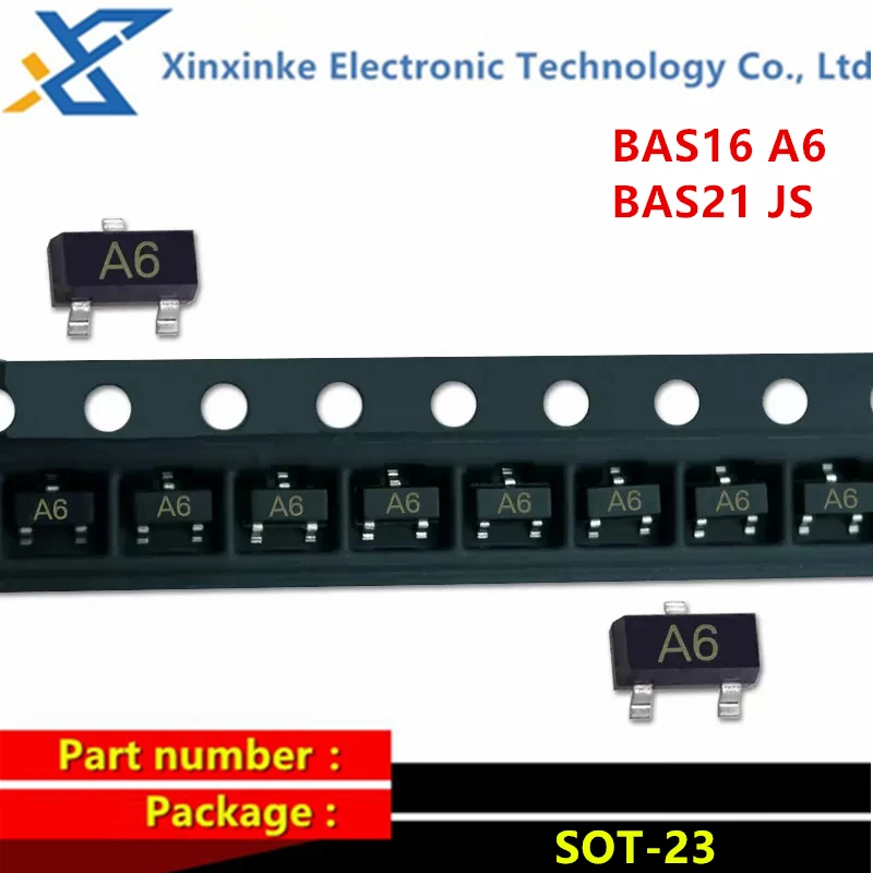 

50PCS BAS16 A6 BAS21 JS SOT-23 250V,200mA,trr=50ns,VF=1.25V@200mA,PD=225mW Switching Diode