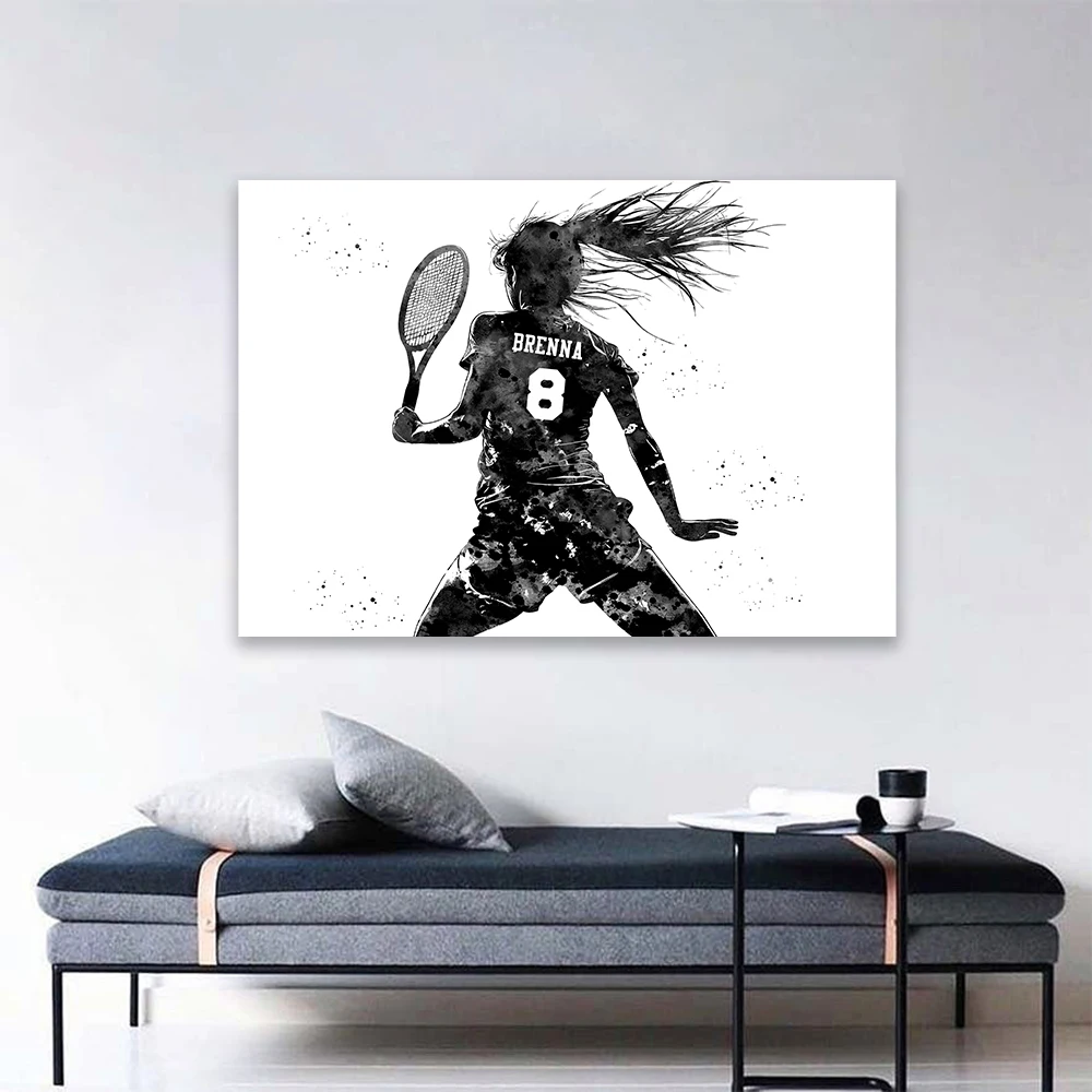 لاعب التنس فتاة شخصية ملصق فني اسم مخصص ورقم الرياضة المائية يطبع غرفة الصالة الرياضية المنزل قماش اللوحة ديكور