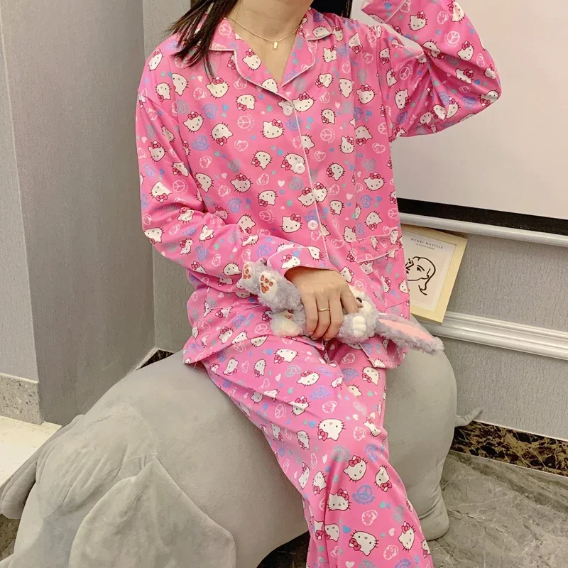 Sanrio Hello Kitty Autumn Cotton Women\'s Pajamas Casual Cartoon Two-piece Set Silk Pajamas Women\'s Loungewear Pajamas Pants Set