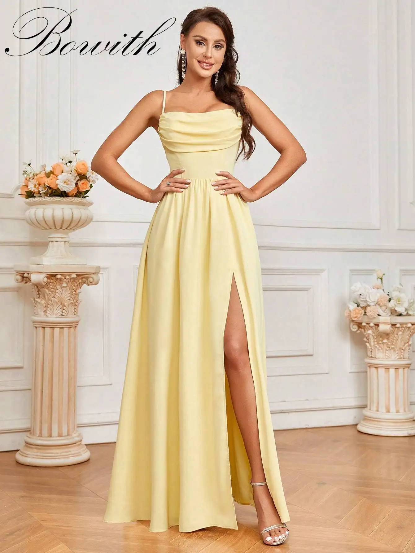 

Элегантное платье трапециевидной формы с передним воротником и карманами, прозрачная спина и завязками сзади, с высоким разрезом, платье подружки невесты (для взрослых)