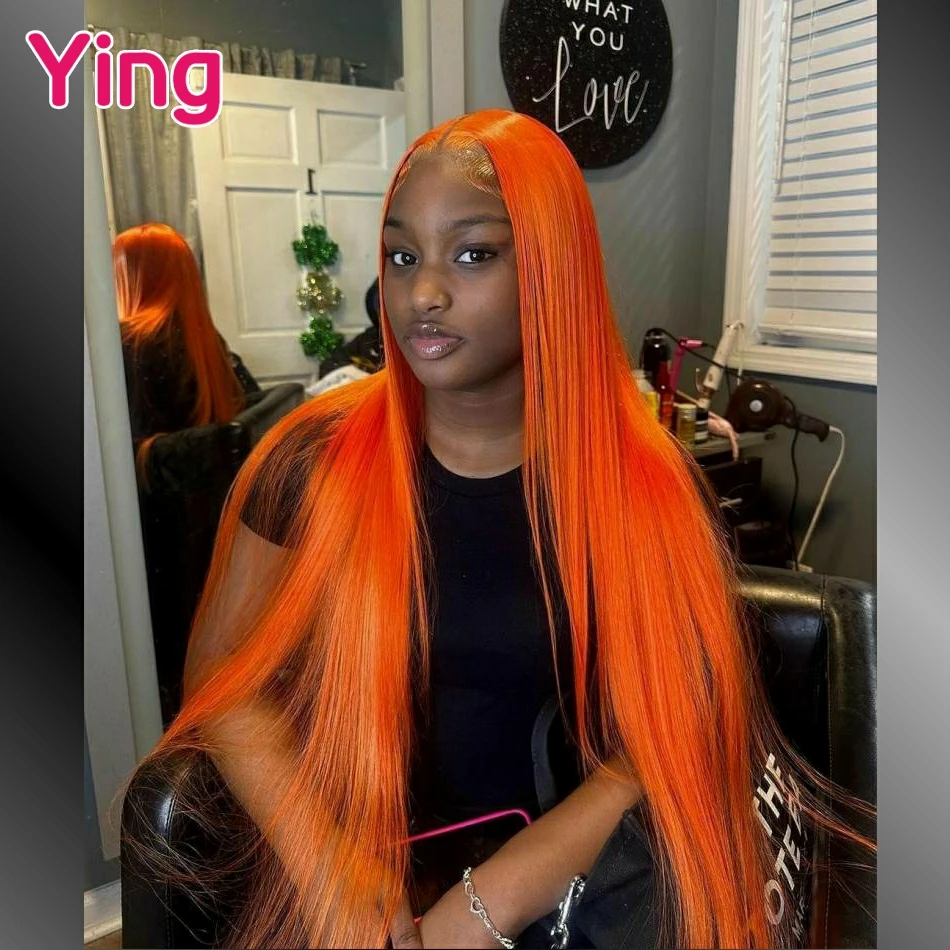 Ying 200% Fluorescent Orange Colored 13x6 Transparent Lace Front Wig Bone Straight 13x4 Lace Front Wig PrePlucked With Baby Hair