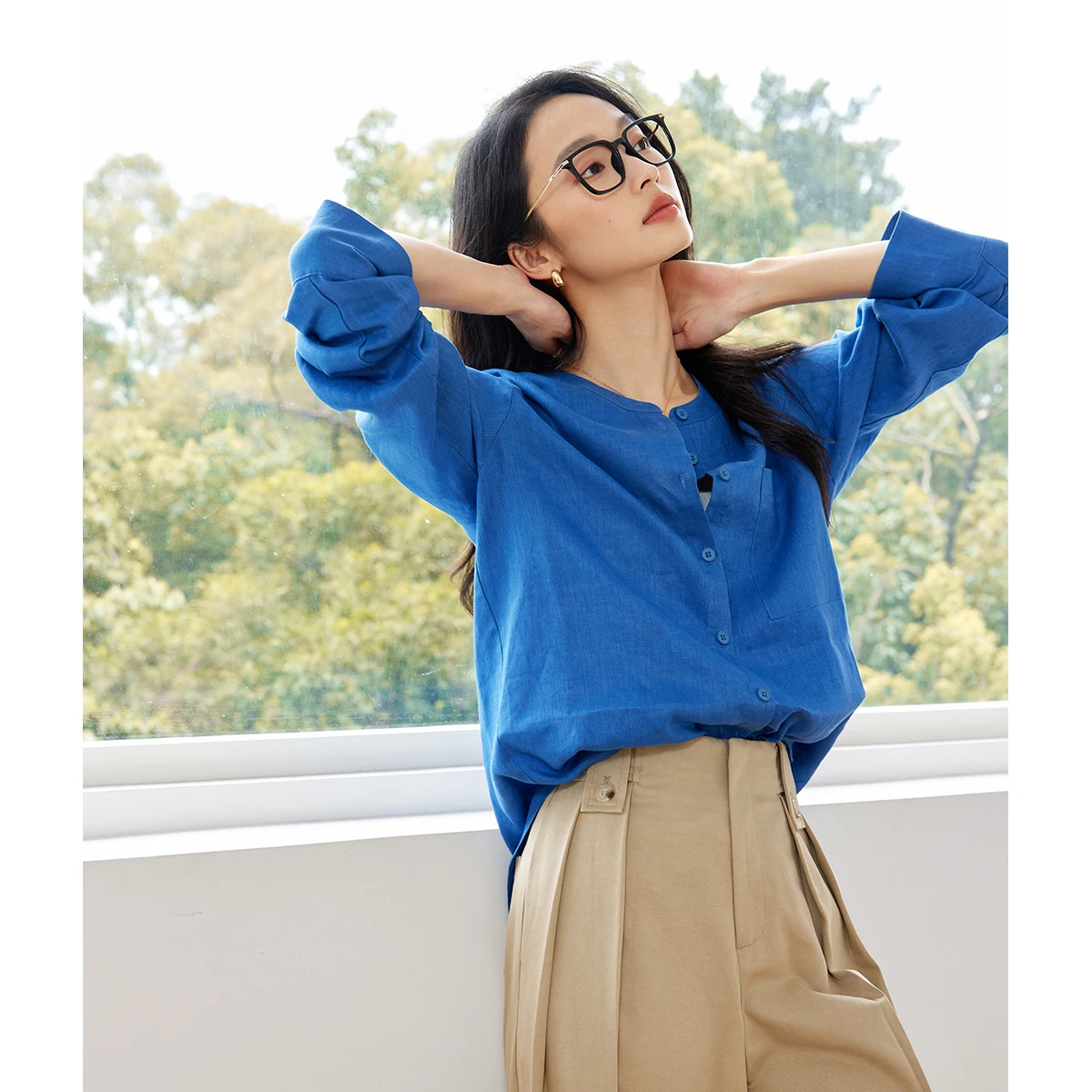 VIMLY Women Autumn Commuter 100% Linen T-Shirt Blouse Vintage Straight Loose Shirt Casual Long Sleeve Simple Cardigan Tops