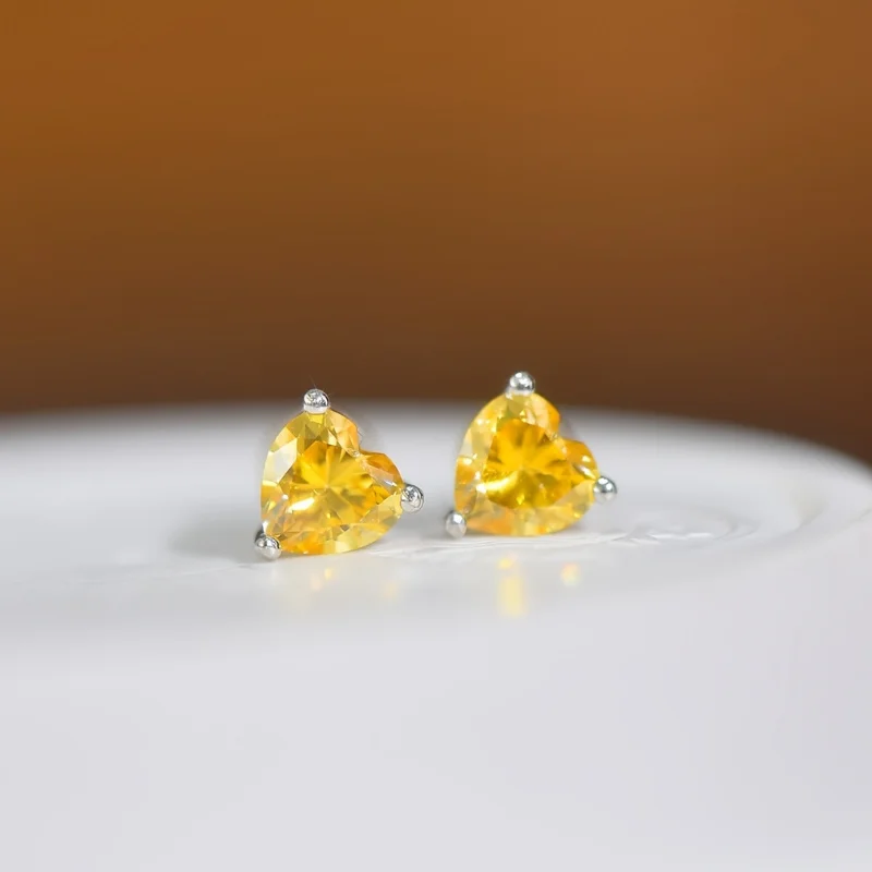 

S925 Sterling Silver Cute Heart Yellow Moissanite Earring, Valentine's Day Christmas Anniversary Birthday Gift for Lovers
