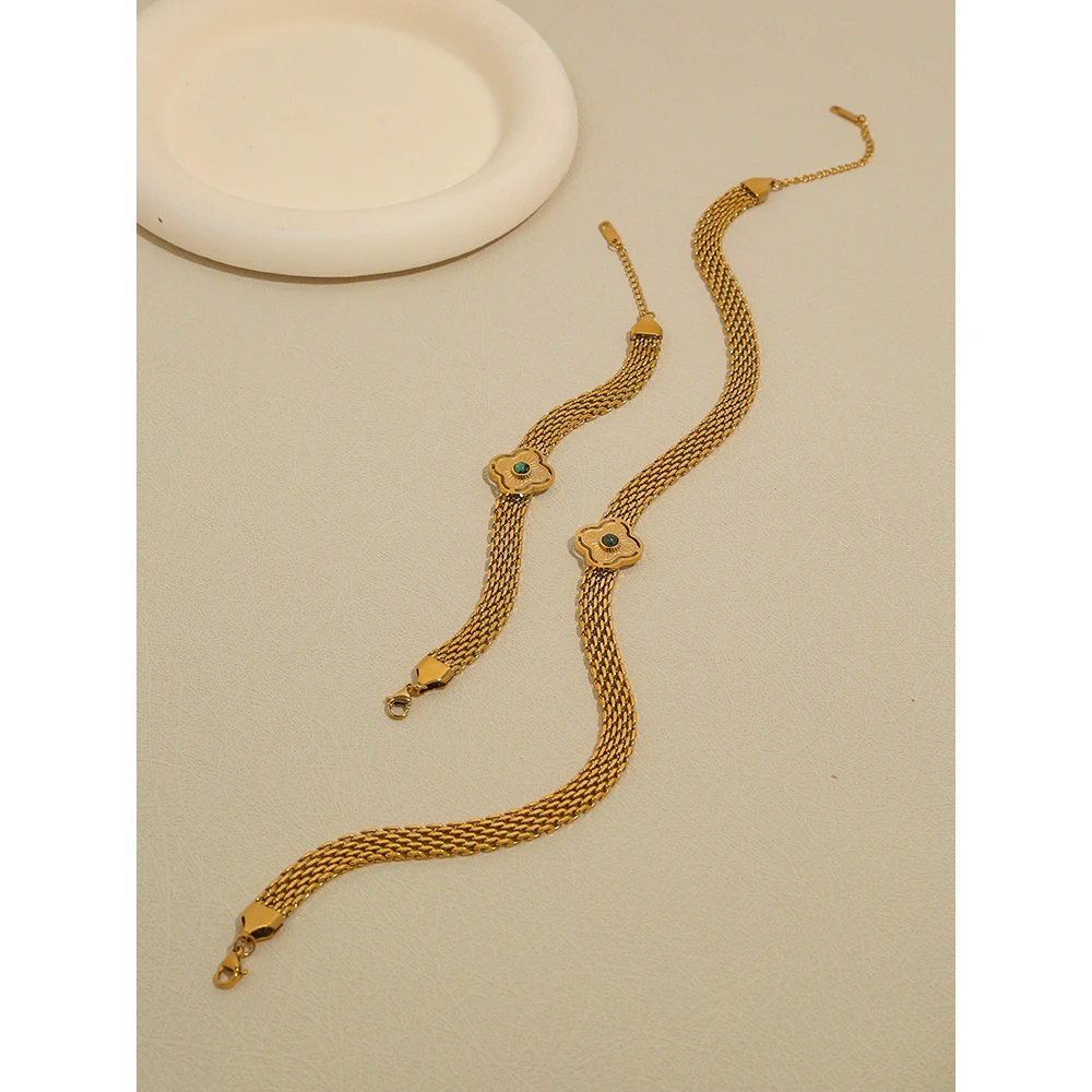 YACHAN 18K Plated Gold Stainless Steel Coarse Chains Necklace for Women Flowers Natural Stone Chain Bracelet Necklaces Jewelry
