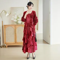 2024 Autumn and Winter New Red Velvet Dress Loose Belly Temperament High-end Luxury Wedding Evening Dresses Women Clothing