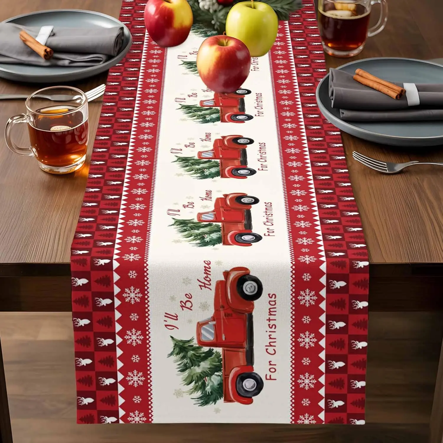 

Winter Christmas Tree Red Truck Linen Table Runner Table Decor Xmas Holiday Kitchen Dining Table Runners Christmas Decorations