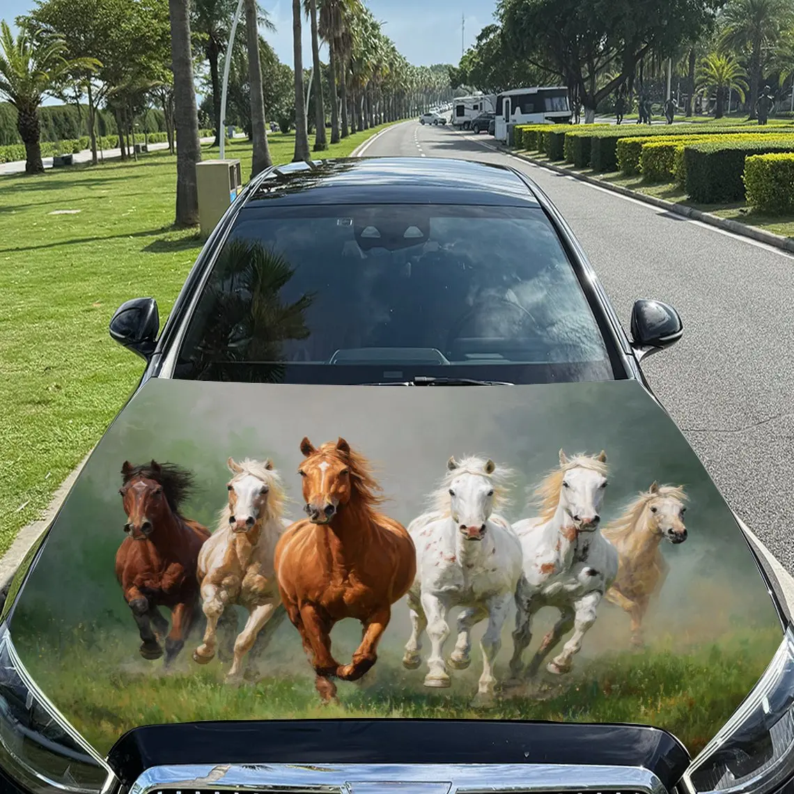 Car Decals Galloping Horses in Meadow Car Hood Sticker, Waterproof Self - Adhesive Vinyl Graphics Decals, Decorative Protective