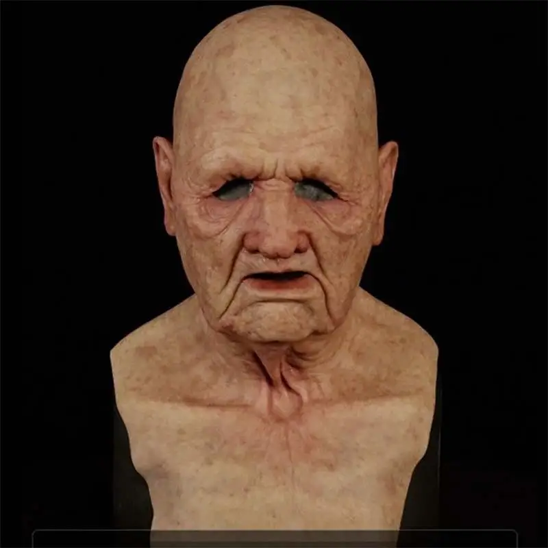 

Bald old man, grandpa latex mask, headband, crooked mouth, old man's face, makeup mask, Halloween horror mask