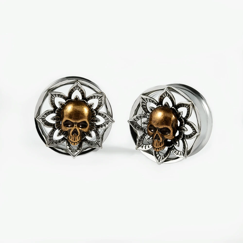 2-1PCS Double Flared Skull Sun Flower Ear Tunnels Plugs Ear Gauges Expander Stretchers Piercing Jewelry Stainless Steel Earrings