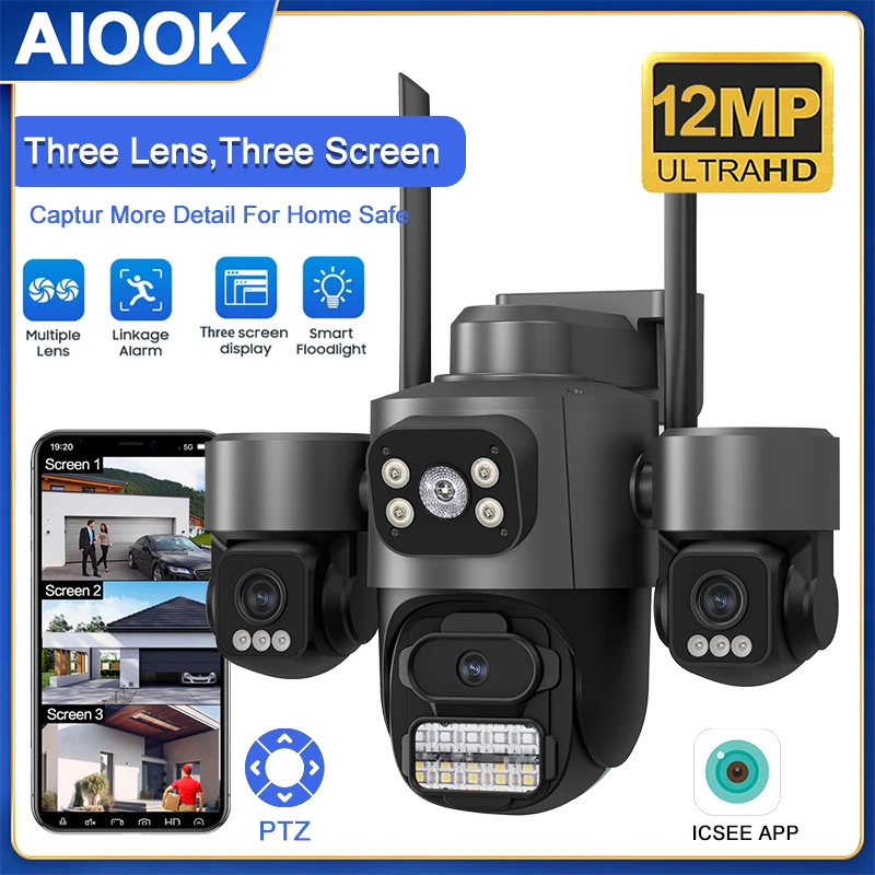 

AIOOK Triple Lens Camera HD 12MP Wifi IP CCTV Mobile Tracking Ip66 Waterproof Ptz Icsee Camera Night Vision Two Way Intercom