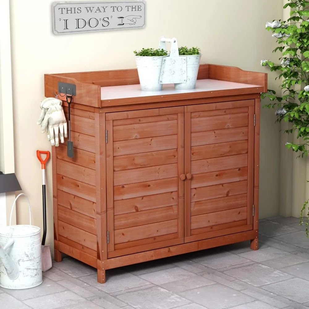 

39" Rustic Potting Bench Table with 2-Tier Shelves, Storage Cabinet, and Side Hook - Garden Wood Workstation for Planting, Garde