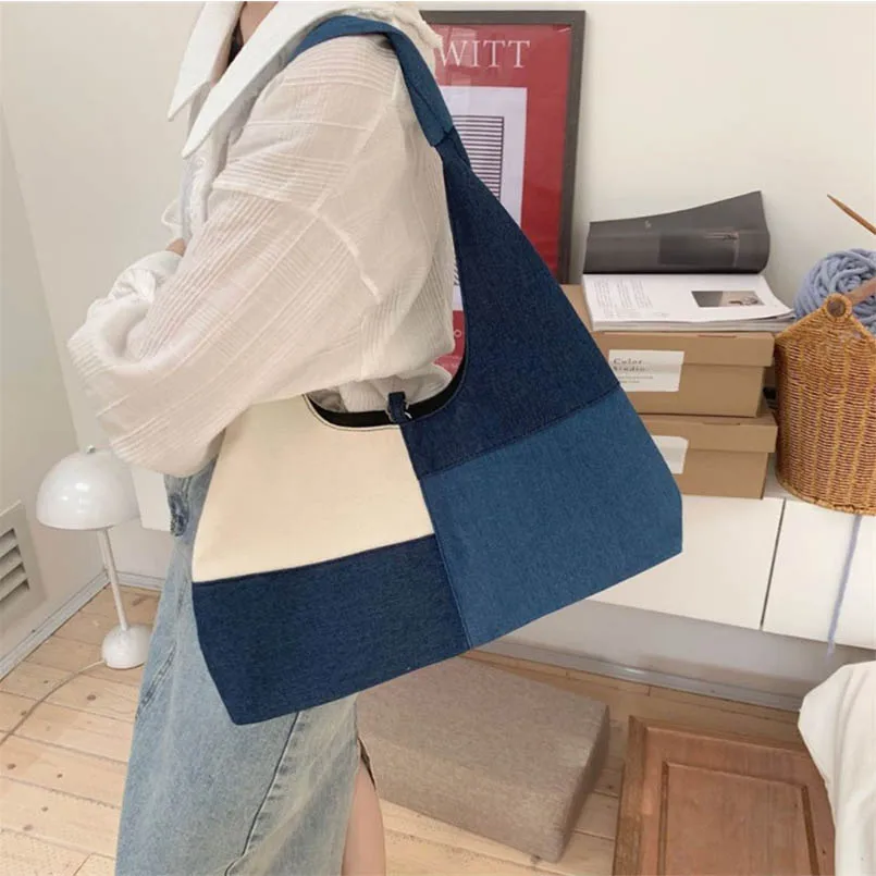 

Denim Campus Unisex Large Capacity Patchwork Color Shoulder Handbag Armpit Dumpling Women Hobos Bag Jean Purse