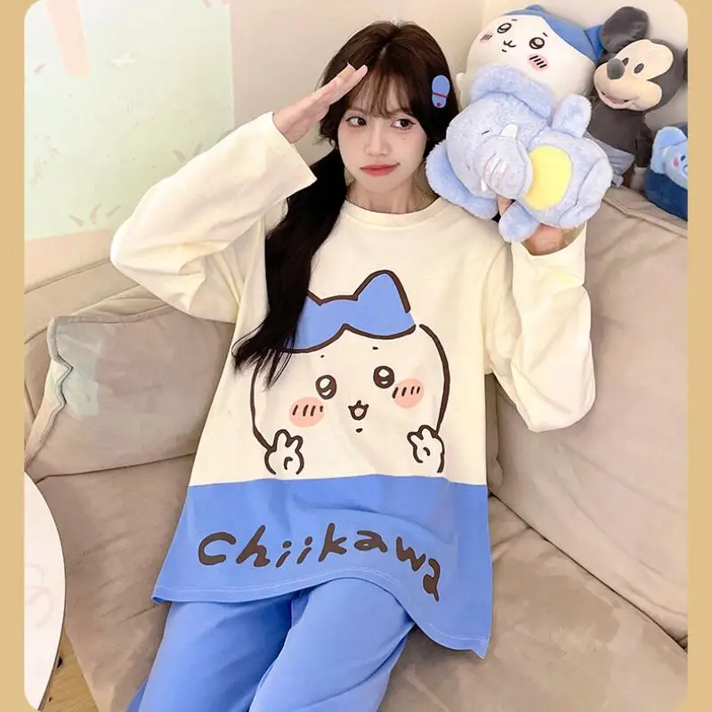 Anime Chiikawa Frauen Pyjama Cartoon Kawaii Pyjama Sets Mädchen Baumwolle Nachtwäsche Student Pyjamas Hosen Mode Komfort Loungewear