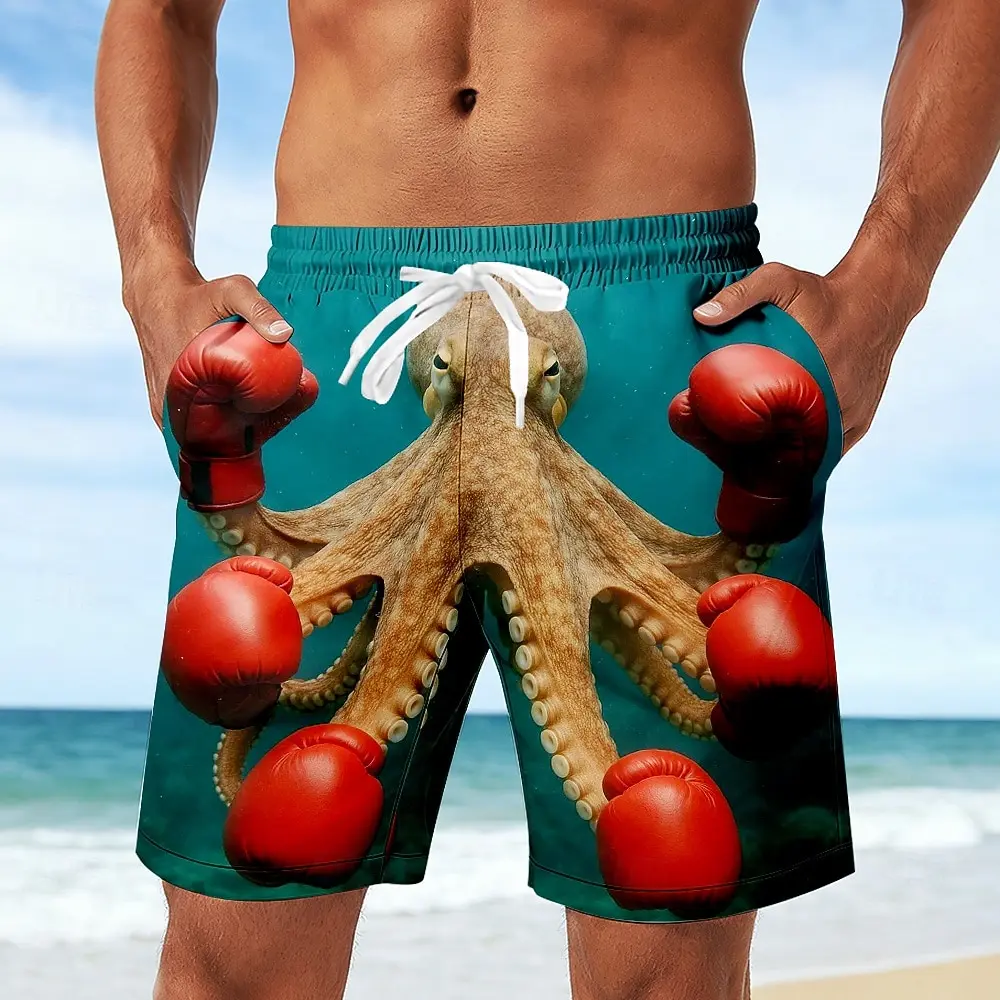 

Funny Octopus Boxing Glove Shorts Men Cartoon Animal 3D Print Beach Shorts Quick Dry Elastic Drawstring Summer Board Shorts Pant