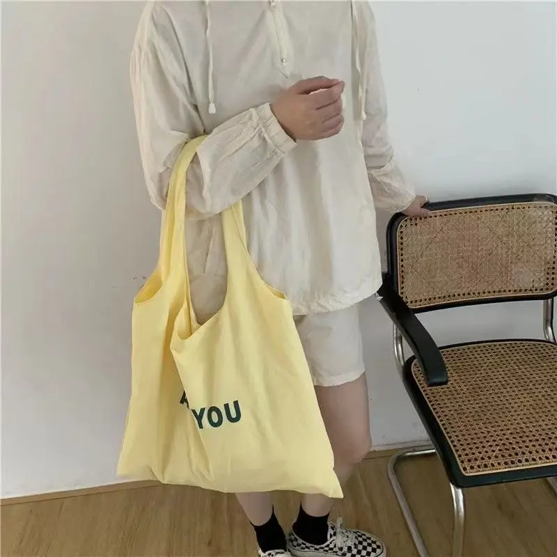 Candy Color Letter Shopping Bags Women Korean Ins Large Capacity Foldable Canvas Bag All-match Sweet Casual Student Bolso Mujer