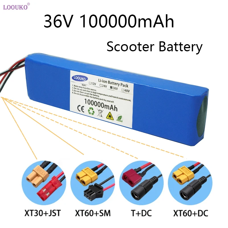 

Scooter 36V 100Ah plug XT60 DC XT30 JST 18650 Rechargeable Lithium Battery Pack 1000W and charger for Electric bicycle with BMS