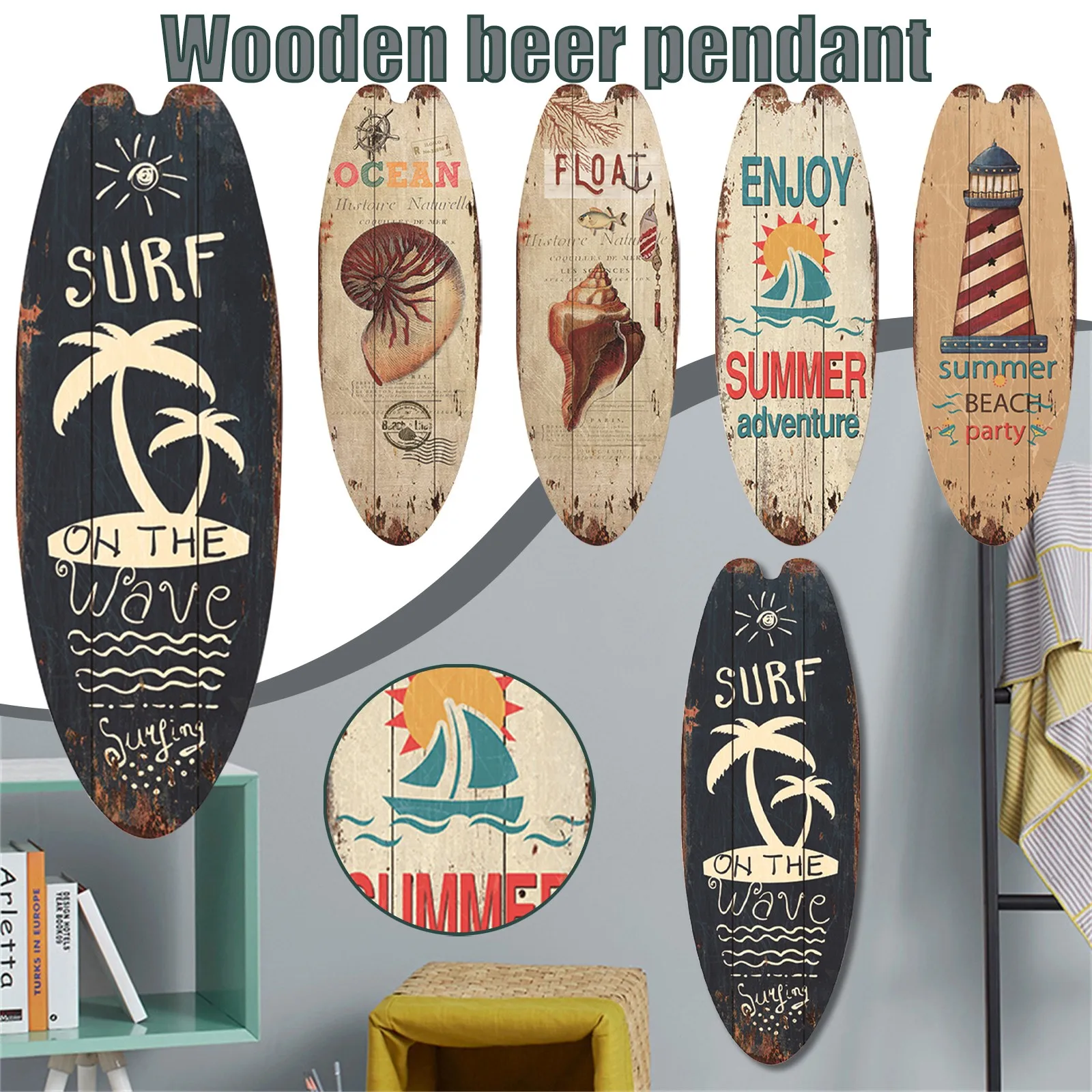 Beach Ocean Theme Surfboard Wooden Leisure Home Party Festival Hanging Decoration Bar Home Wall Retro Decor Wooden Print Sign