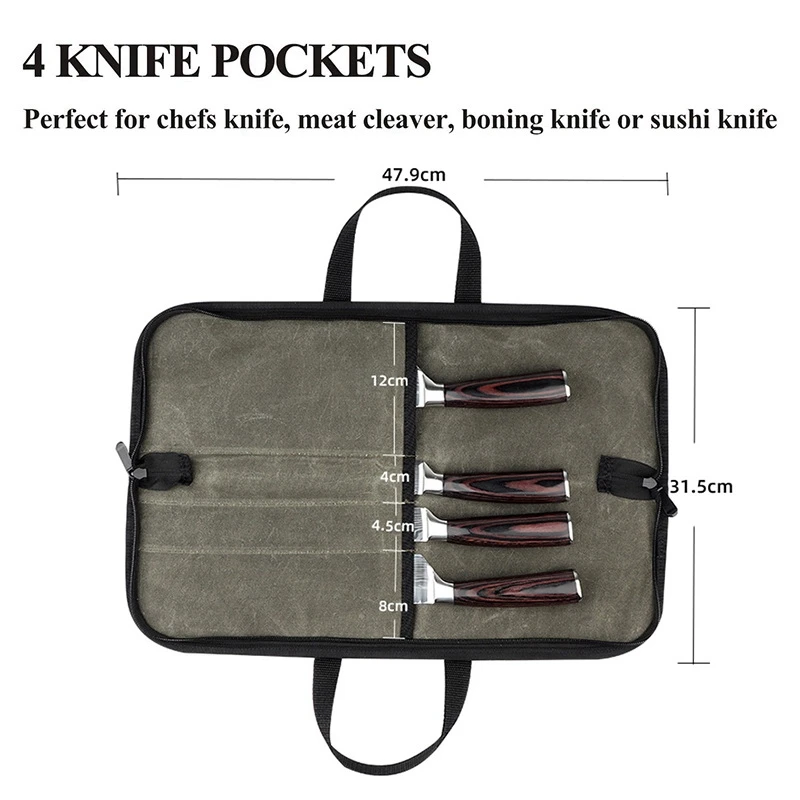 Knife Bag(4 Slots), Chef Knife Case Waxed Canvas Roll Storage Knife Carrying Pouch For Men