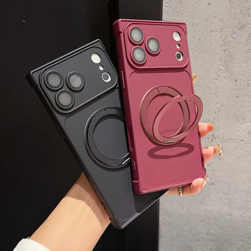 For IPhone 18 Pro Max 14 15 16 17 Four Corner Anti Drop Rotating Bracket Magnetic Phone Case For Magsafe Lens Full Protection