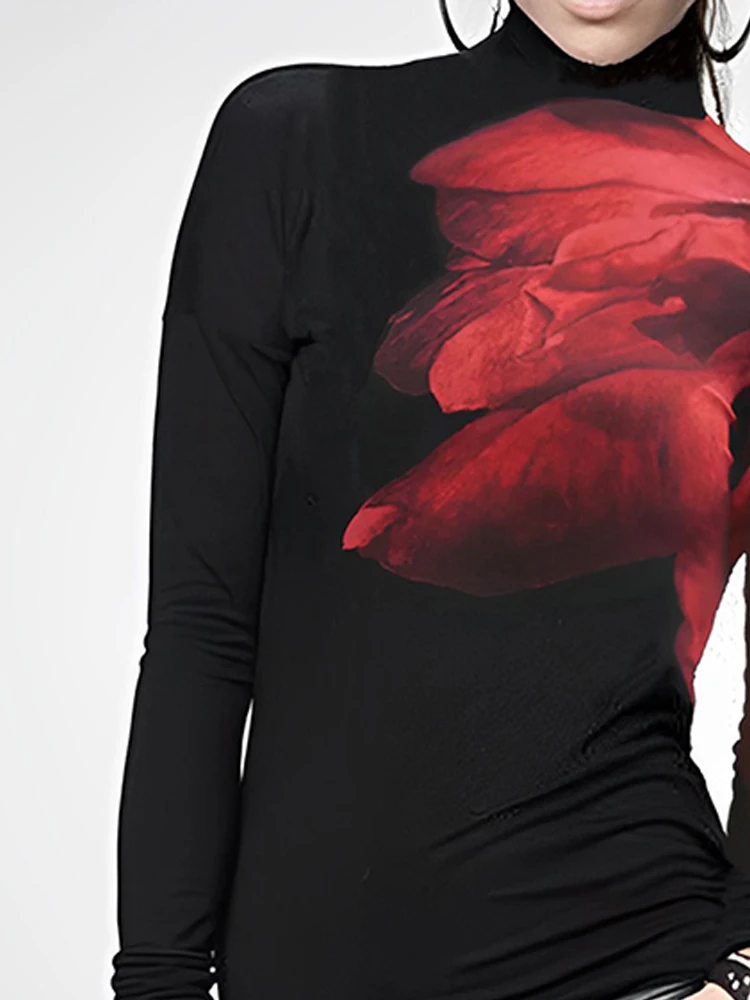 Female Stylish Printed High Neck T-Shirts 2024 New Autumn Winter Long Sleeves Loose Fit Casual Pullovers Tops For Women