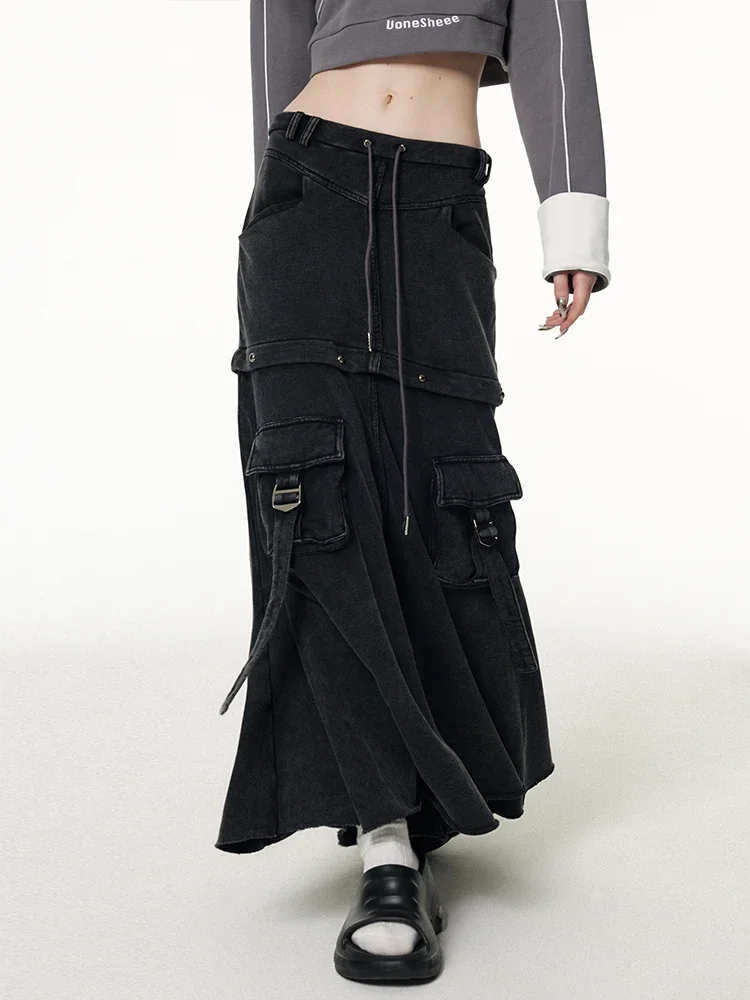 Y2K Vintage Pocket Baggy Black Denim Skirt 2023 Spring Women's Grunge High Waist Basic A-Line Streetwear Skirt Female Clothes