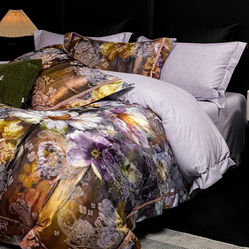 Chic Vintage Colorful Antique Drawing Blossoms Satin Cotton Duvet Cover set Silky Soft 1Duvet Cover 1Flat sheet 2Pillowcases