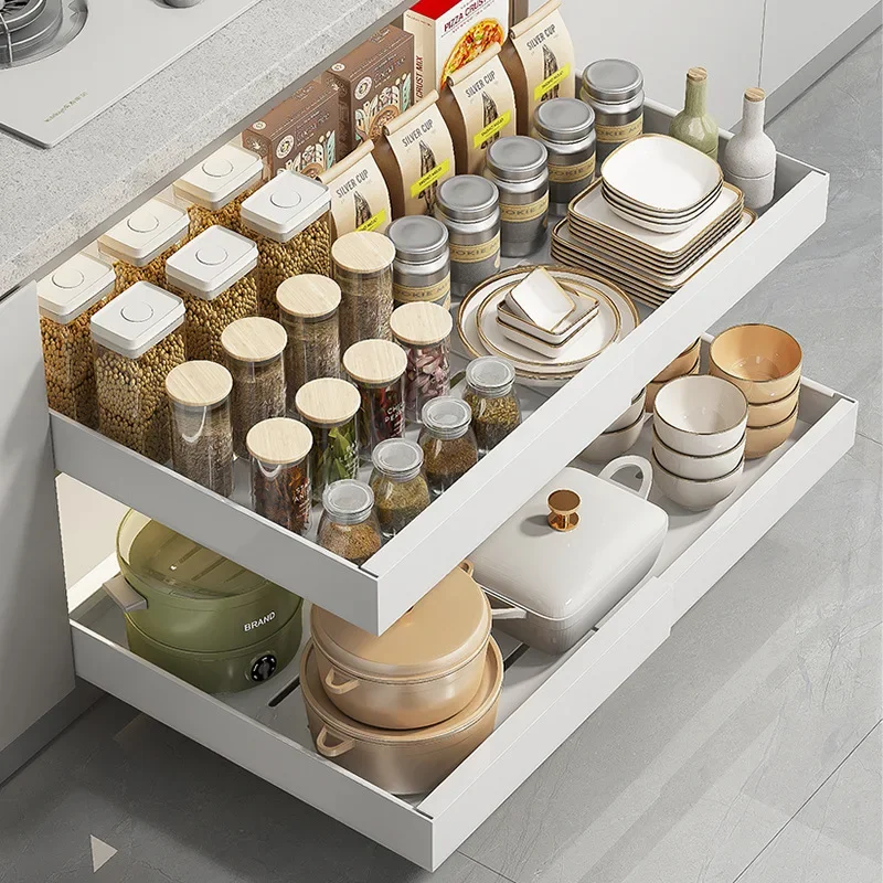 Kitchen Scalable Pull-out Storage Rack with Slide Rails Drawer Type Storage Tray Spice Box Storage Rack Cabinets Organizer