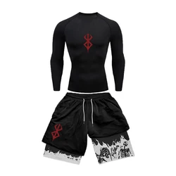 Men's Compression Suit Tight Long Sleeve Anime Double Layer Shorts Sports Suit Casual Fashion Summer