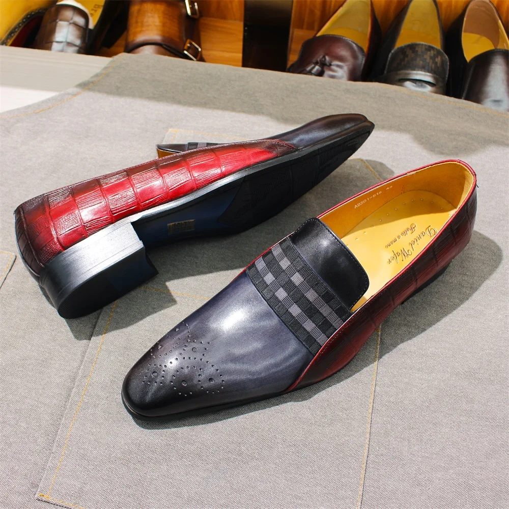 

Men's Fashion Loafers Cowhide Leather Gray Red Mixed Striped Elastic Band Casual Shoes for Gentleman Party Wedding Footwear