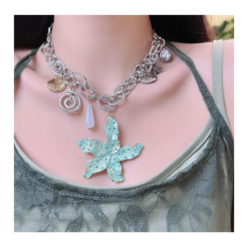 

Tide Cool Babes Ocean Stars Shell Flower Pendant Necklace Women's Pink Pearl Chain Neck Chain Holiday Collarbone Chain
