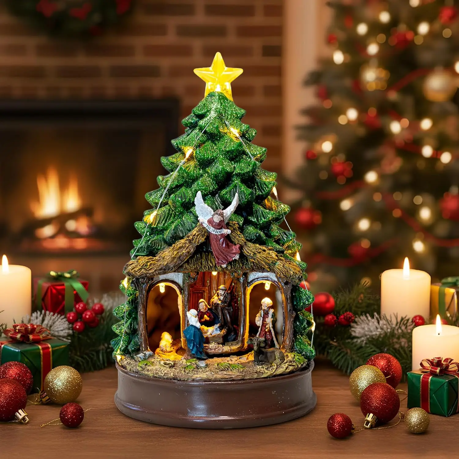 Rotating Nativity Scene Christmas Tree with LED Lights, Music, and Angel Figurines for Tabletop Decor