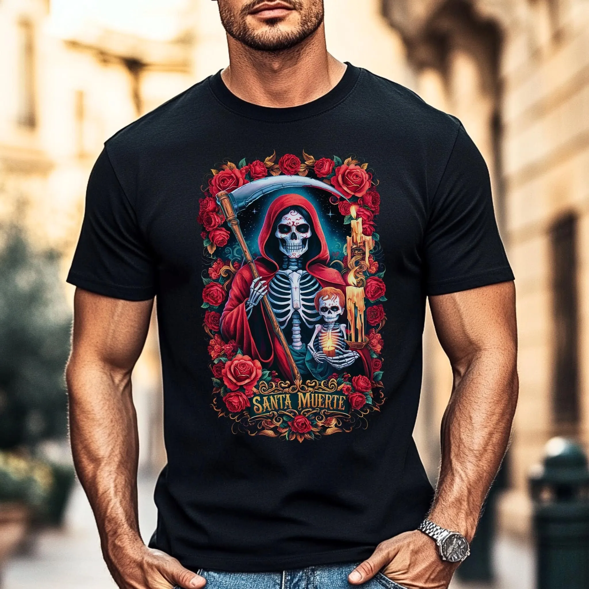 

Футболка Santa Muerte Sacred Reaper Art Mystic Saint Devotion, готическая одежда с черепом, День мертвых, молитвенная одежда, небесное